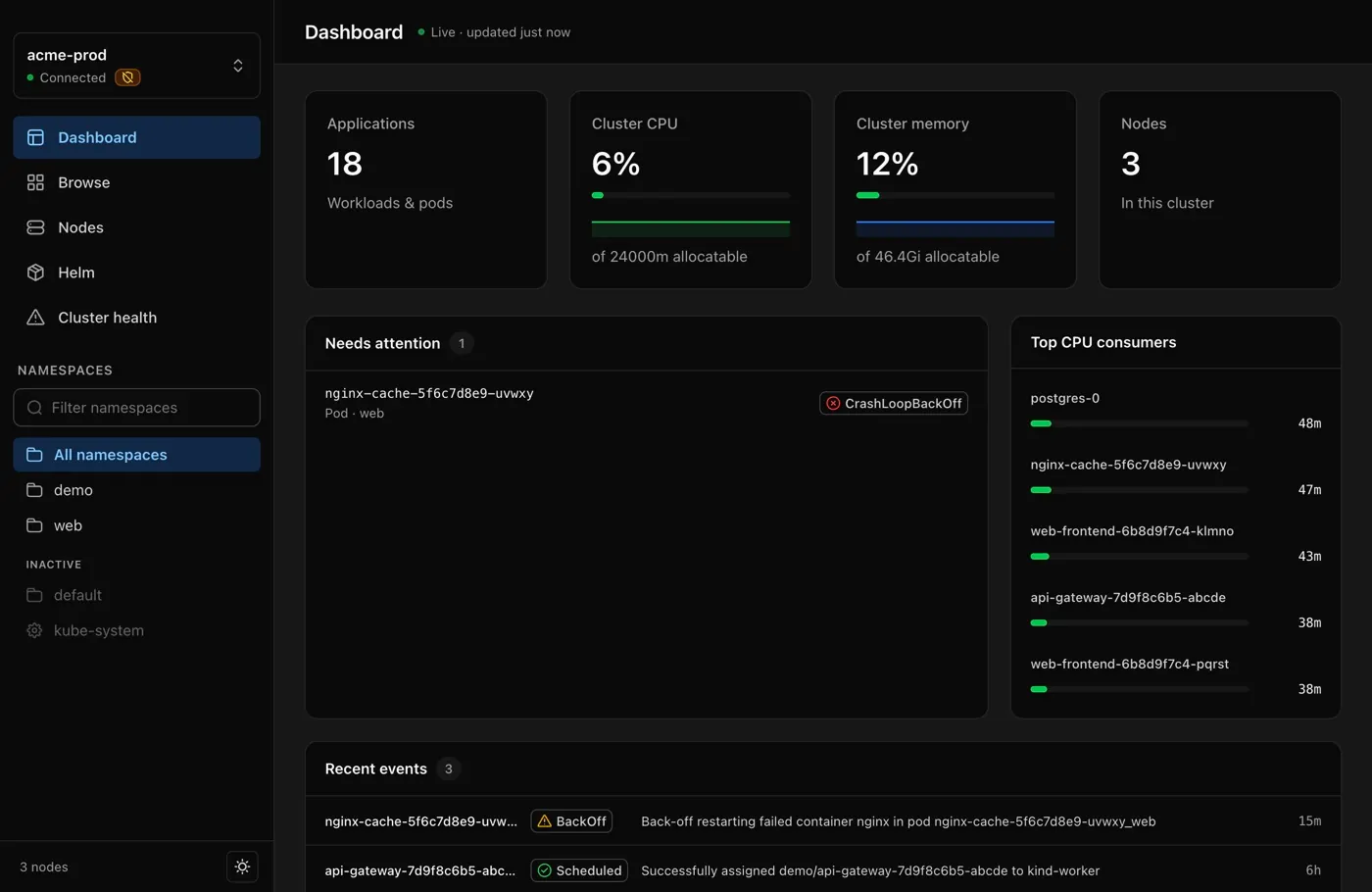 Glauco's cluster dashboard on the Mac: CPU and memory use, a pod in CrashLoopBackOff that needs attention, and the top CPU consumers