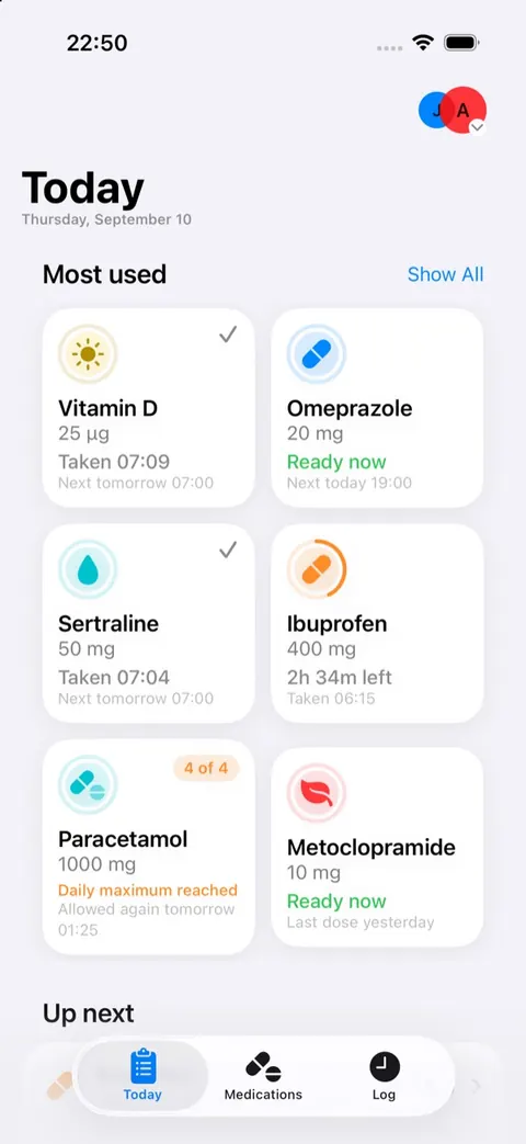 MedTracker on iPhone: today's medications, each with when it was last taken and when the next dose is allowed