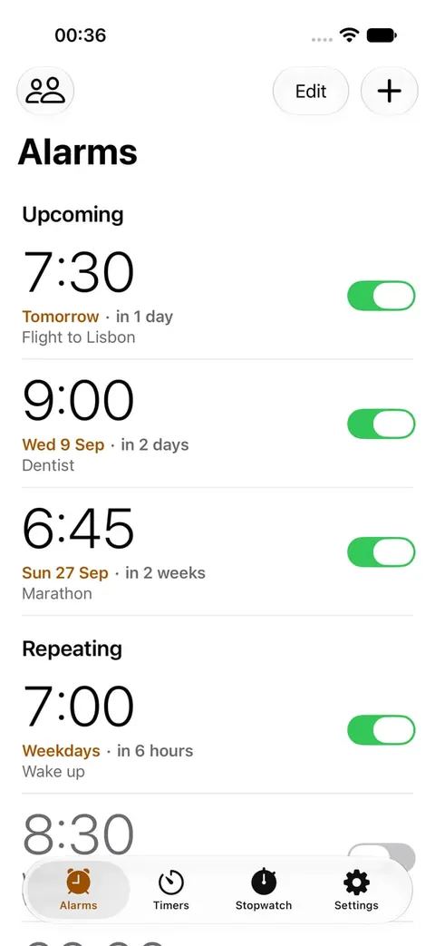 Nudge on iPhone: upcoming alarms on set dates, such as a flight tomorrow and a marathon in two weeks, above the repeating alarms