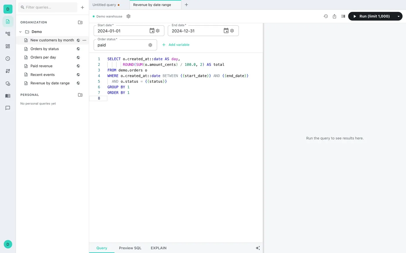 Squeezle's query editor: a SQL query with start date, end date and order status variables, next to the team's saved queries