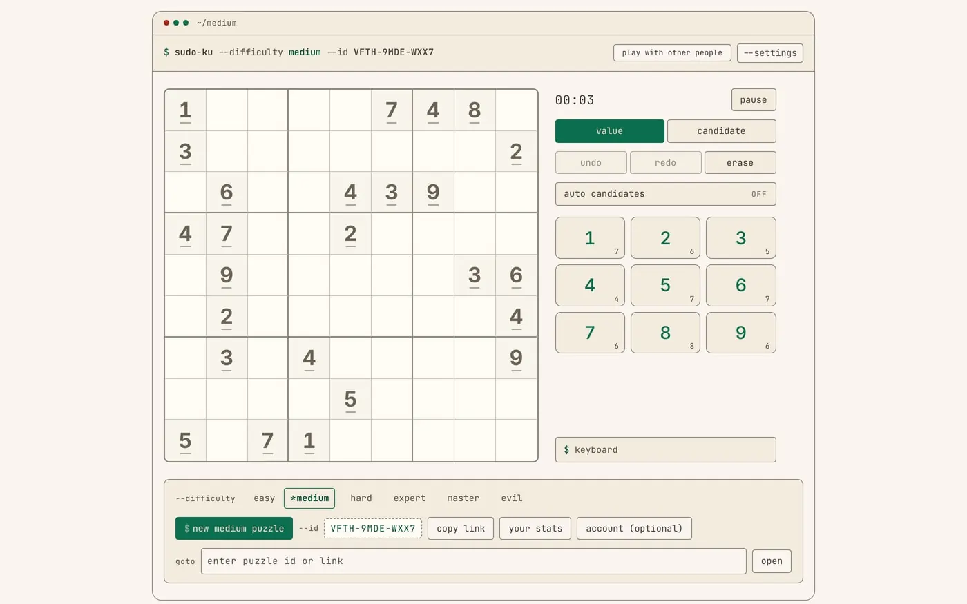 sudo-ku in the browser: a medium puzzle with its permanent id, the number pad and the difficulty picker